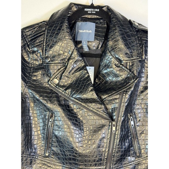 ModCloth Crocodile Black Faux Vegan Leather Moto Biker Crop Jacket Sz Sm… - Picture 2 of 10